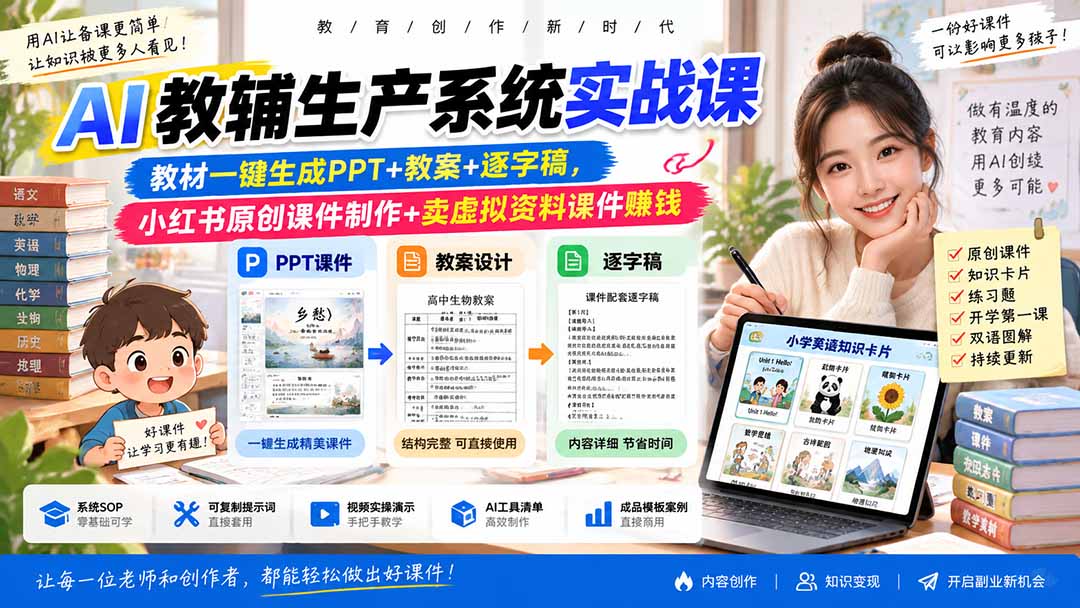 AI教辅生产系统实战课-更新0926｜教材一键生成PPT+教案+逐字稿，小红书原创课件制作+卖虚拟资料课件赚钱-91副业网