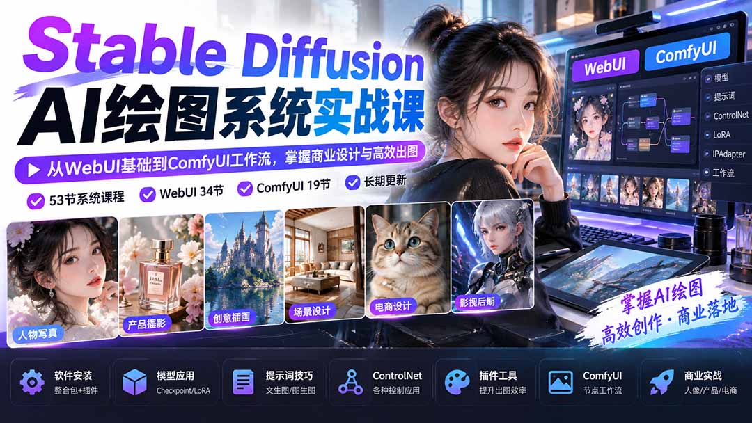 【无水印】Stable Diffusion AI绘图系统实战课:从WebUI基础到ComfyUI工作流,掌握商业设计与高效出图-91副业网