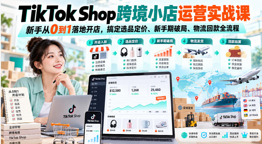 TikTok Shop跨境小店运营实战课,新手从0到1落地开店,搞定选品定价、新手期破局、物流回款全流程-91副业网