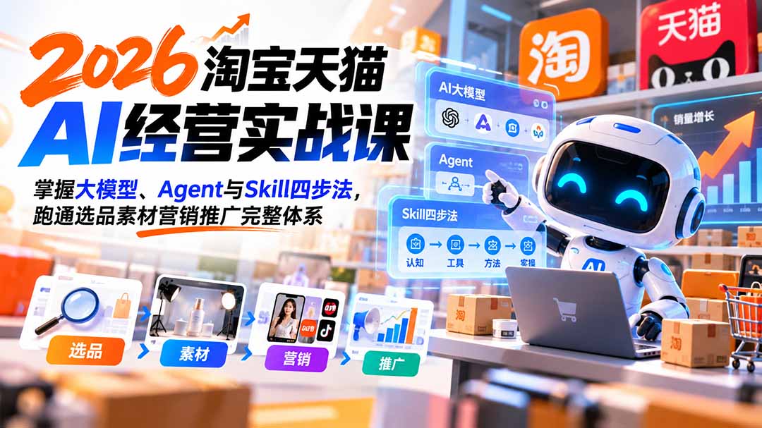 【无水印】2026淘宝天猫AI经营实战课:掌握大模型、Agent与Skill四步法,跑通选品素材营销推广完整体系-91副业网