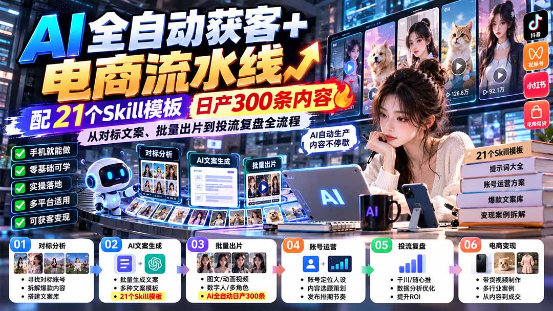 【无水印】AI全自动获客+电商流水线：配21个Skill模板，日产300条内容，从对标文案、批量出片到投流复盘全流程-91副业网