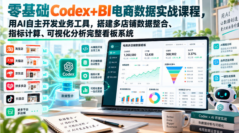 零基础Codex+BI电商数据实战课程,用AI自主开发业务工具,搭建多店铺数据整合、指标计算、可视化分析完整看板系统-91副业网