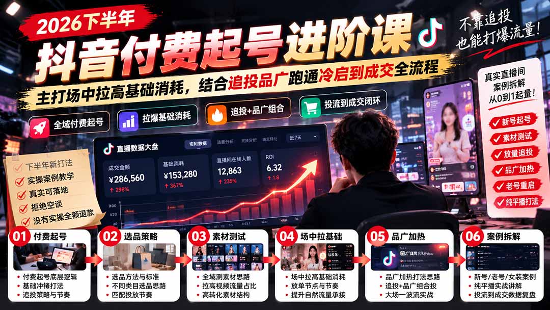 2026下半年抖音付费起号进阶课：主打场中拉高基础消耗，结合追投品广跑通冷启到成交全流程-91副业网
