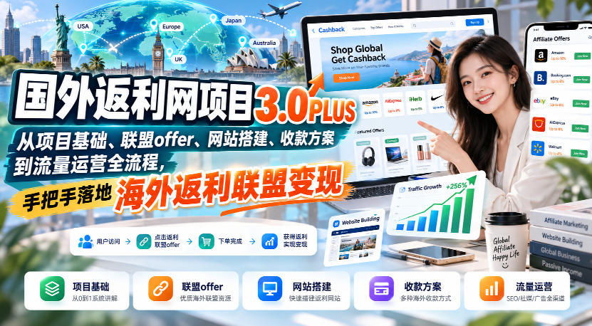 国外返利网项目3.0PLUS，从项目基础、联盟offer、网站搭建、收款方案到流量运营全流程，手把手落地海外返利联盟变现-91副业网