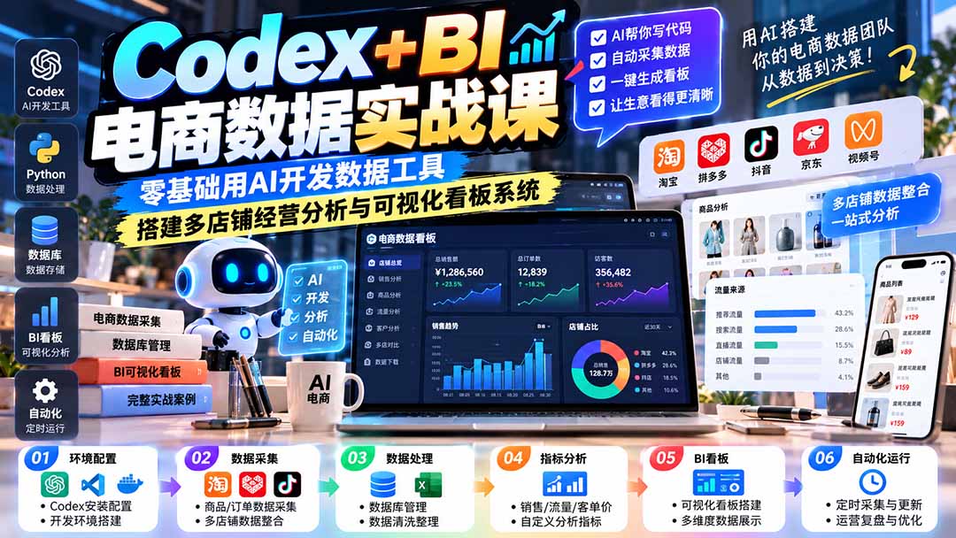 Codex+BI电商数据实战课:零基础用AI开发数据工具,搭建多店铺经营分析与可视化看板系统-91副业网