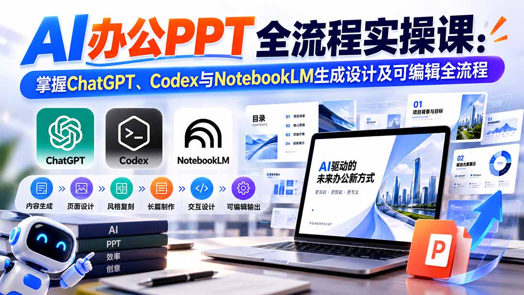 【无水印】AI办公PPT全流程实操课: 掌握ChatGPT、Codex与NotebookLM生成设计及可编辑全流程-91副业网