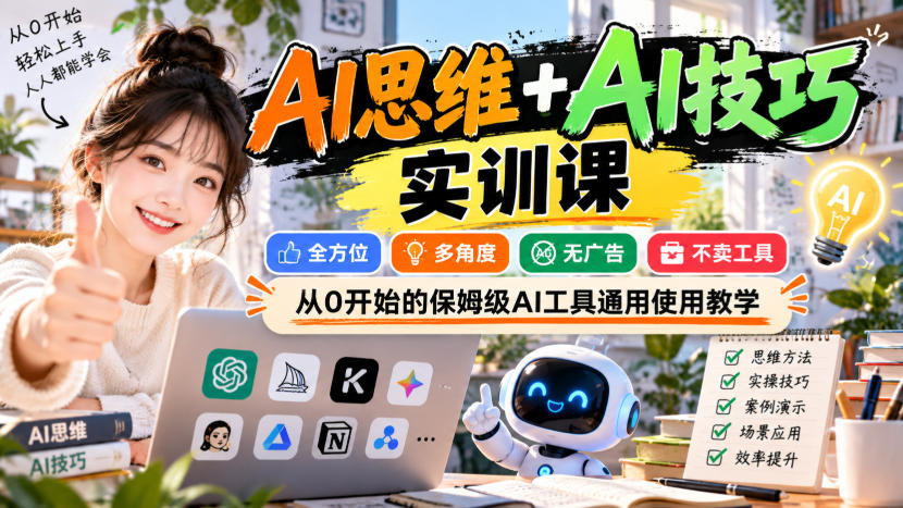 【无水印】AI思维+AI技巧实训课,全方位、多角度、无广告、不卖工具,从0开始的保姆级AI工具通用使用教学-91副业网