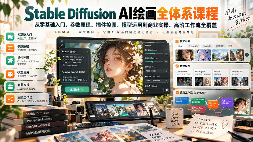 【无水印】Stable Diffusion AI绘画全体系课程,从零基础入门、参数原理、插件控图、模型运用到商业实操、高阶工作流全覆盖-91副业网