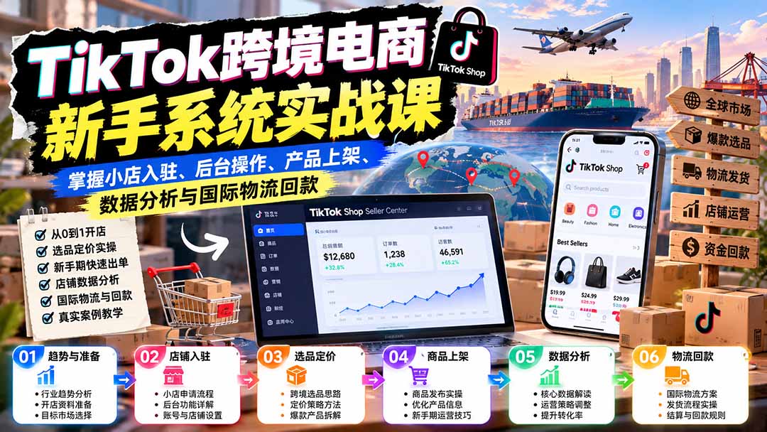 TikTok跨境电商新手系统实战课:掌握小店入驻、后台操作、产品上架、数据分析与国际物流回款-91副业网