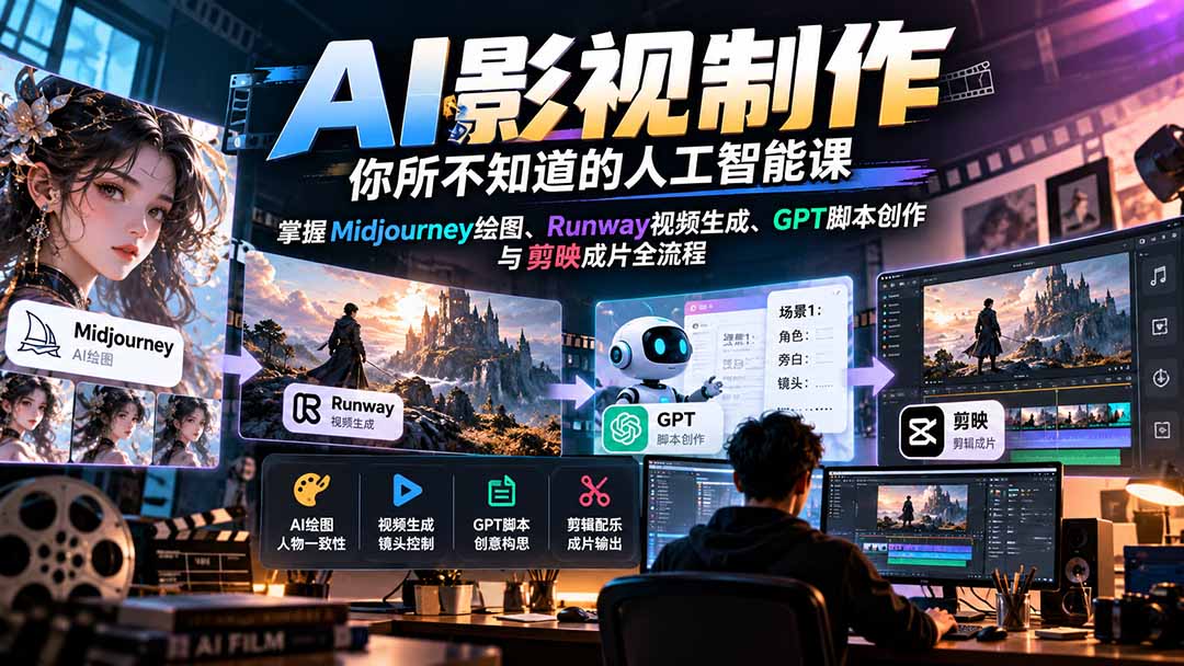 【无水印】AI影视制作-你所不知道的人工智能课,掌握Midjourney绘图、Runway视频生成、GPT脚本创作与剪映成片全流程-91副业网