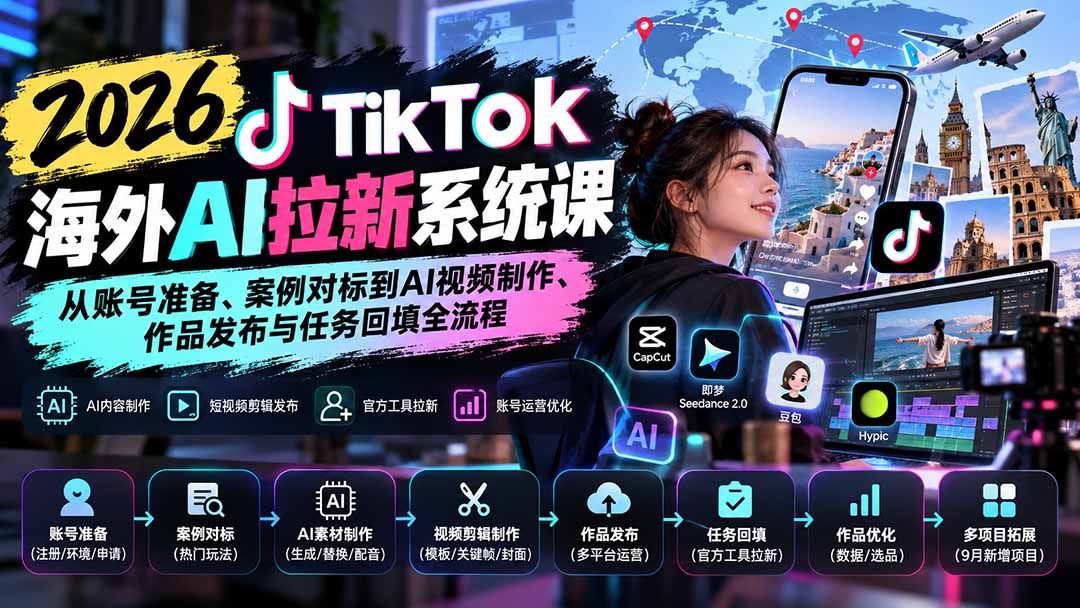 【无水印】2026 TikTok海外AI拉新系统课:从账号准备、案例对标到AI视频制作、作品发布与任务回填全流程-91副业网