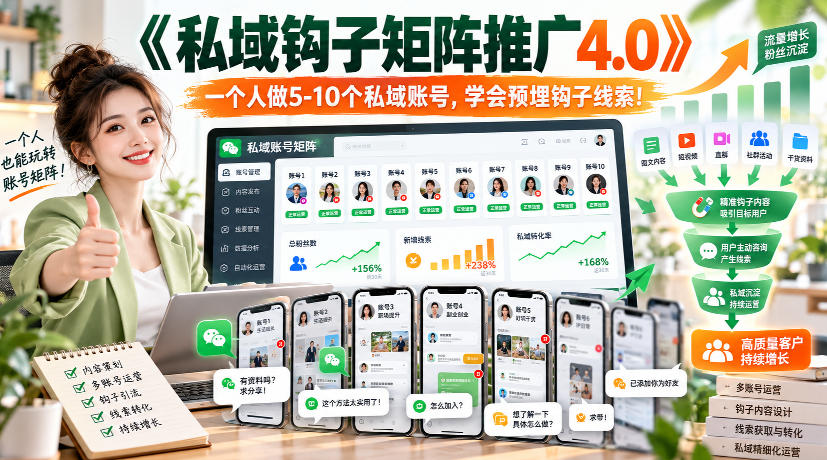 【无水印】《私域钩子矩阵推广4.0》一个人做5-10个私域账号,学会预埋钩子线索!-91副业网
