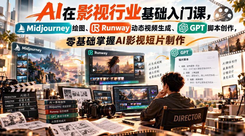 【无水印】AI在影视行业基础入门课,Midjourney绘图、Runway动态视频生成、GPT脚本创作,零基础掌握AI影视短片制作-91副业网