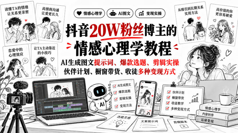 抖音20W粉丝博主静候心声的情感心理学教程,AI生成图文提示词、爆款选题、剪辑实操,伙伴计划、橱窗带货、收徒多种变现方式-91副业网