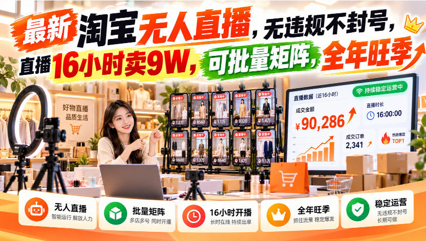 最新淘宝无人直播，无违规不封号，直播16小时卖9W，可批量矩阵，全年旺季【揭秘】-91副业网