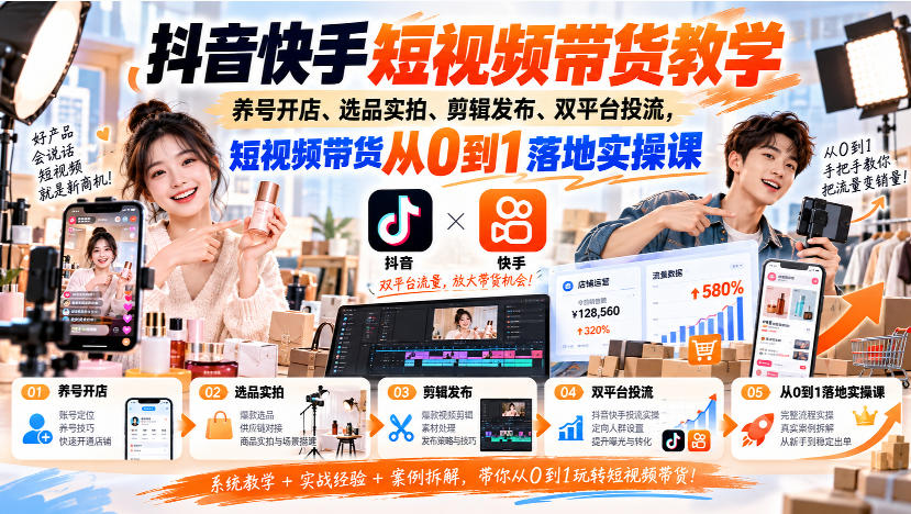 抖音快手短视频带货教学|养号开店、选品实拍、剪辑发布、双平台投流,短视频带货从0到1落地实操课-91副业网