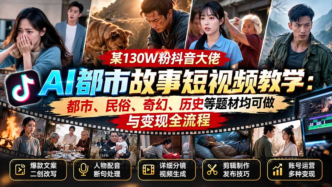 某130W粉抖音大佬AI都市故事短视频教学:都市、民俗、奇幻、历史等题材均可做与变现全流程-91副业网