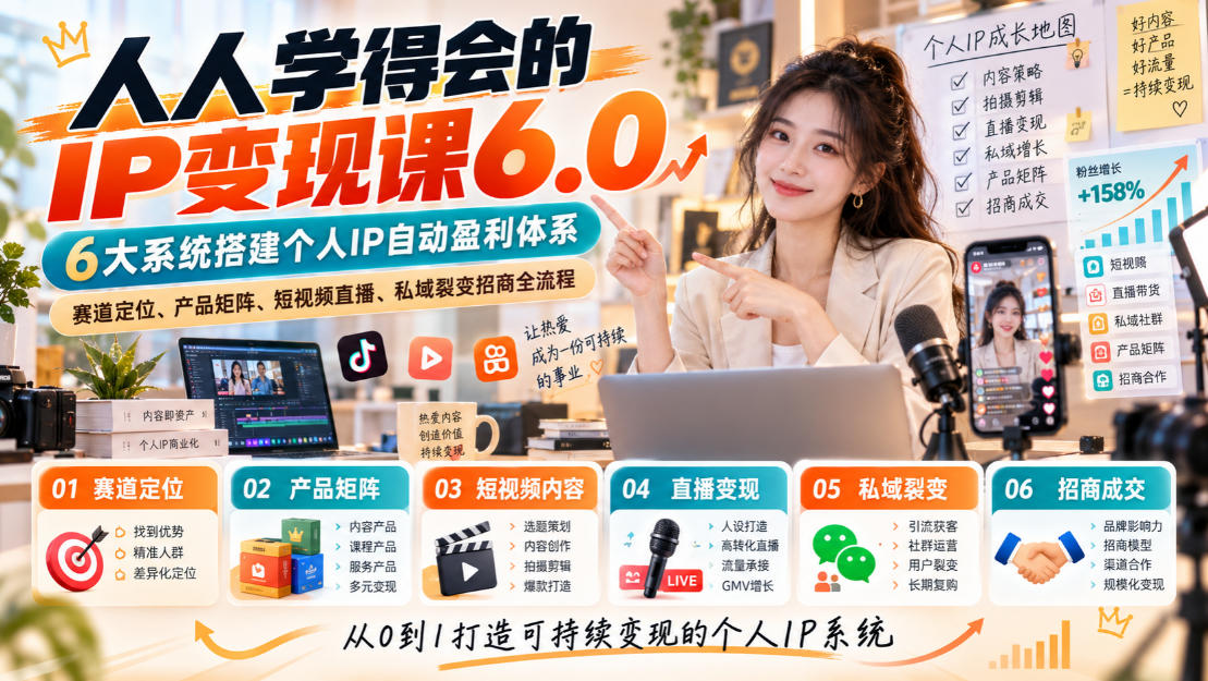 人人学得会的IP变现课6.0,6大系统搭建个人IP自动盈利体系,赛道定位、产品矩阵、短视频直播、私域裂变招商全流程-91副业网
