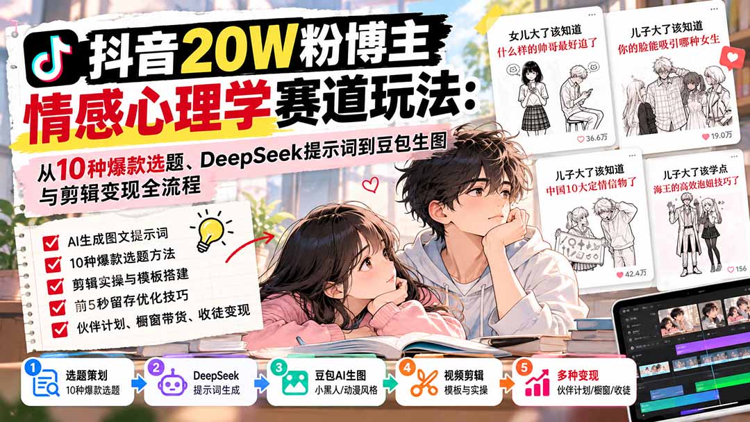抖音20W粉博主-情感心理学赛道玩法:从10种爆款选题、DeepSeek提示词到豆包生图与剪辑变现全流程-91副业网