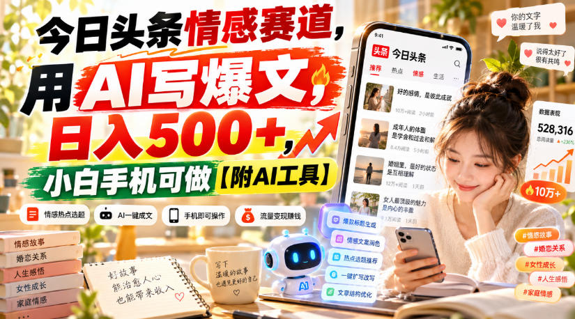 今日头条情感赛道，用AI写爆文，日入500+，小白手机可做【附AI工具】-91副业网