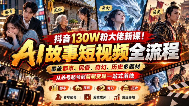 抖音130W粉大佬新课!AI故事短视频全流程,覆盖都市、民俗、奇幻、历史多题材,从养号起号到剪辑变现一站式落地-91副业网