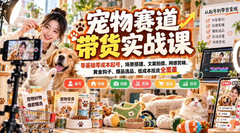 宠物赛道带货实战课,零基础零成本起号,场景搭建、文案拍摄、网感剪辑、黄金钩子、爆品选品、低成本投流全覆盖-91副业网