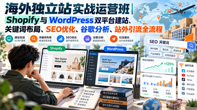 海外独立站实战运营班｜Shopify与WordPress双平台建站、关键词布局、SEO优化、谷歌分析、站外引流全流程-91副业网