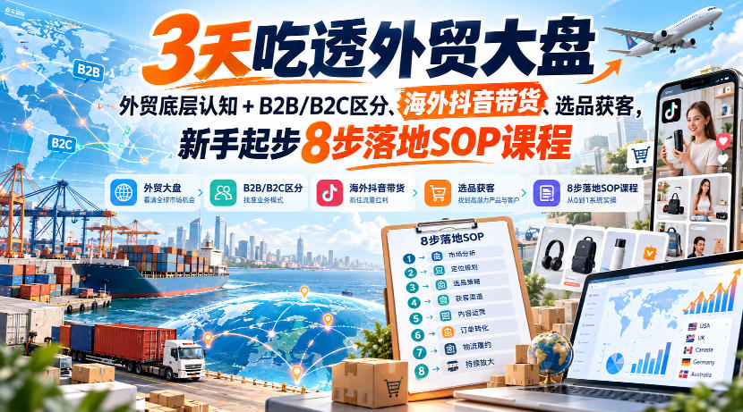 3天吃透外贸大盘,外贸底层认知+B2B/B2C区分、海外抖音带货、选品获客,新手起步8步落地SOP课程-91副业网