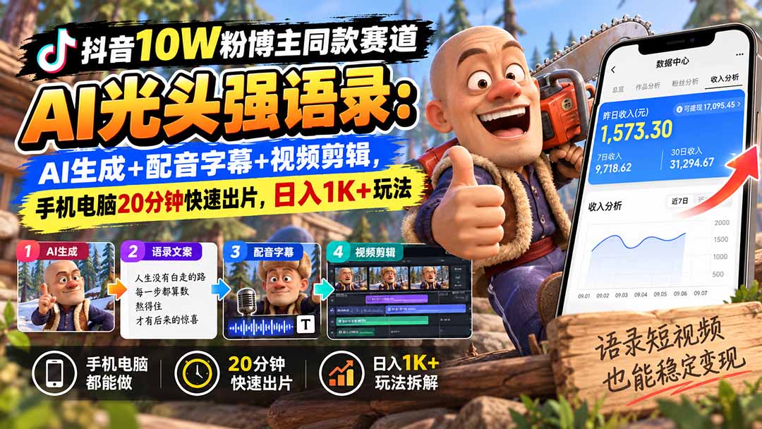 【无水印】抖音10W粉博主同款赛道AI光头强语录:AI生成+配音字幕+视频剪辑,手机电脑20分钟快速出片,日入1K+玩法-91副业网