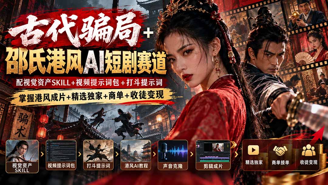 古代骗局+邵氏港风AI短剧赛道:配视觉资产SKILL+视频提示词包+打斗提示词,掌握港风成片+精选独家+商单+收徒变现-91副业网