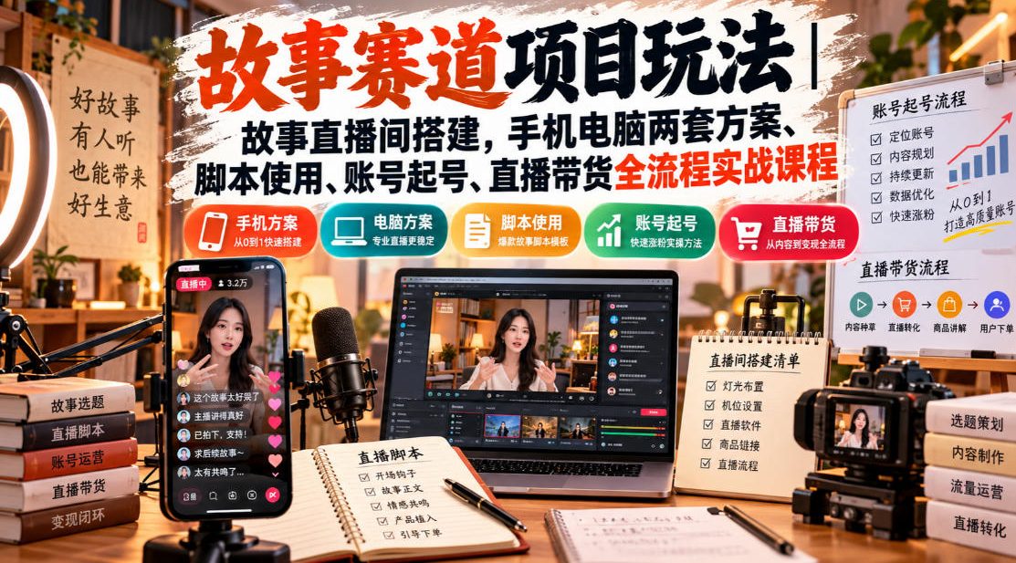 故事赛道项目玩法|故事直播间搭建,手机电脑两套方案、脚本使用、账号起号、直播带货全流程实战课程-91副业网
