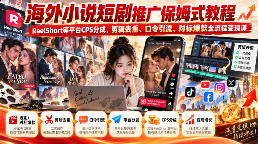 海外小说短剧推广保姆式教程|ReelShort等平台CPS分成,剪辑去重、口令引流、对标爆款全流程变现课-91副业网