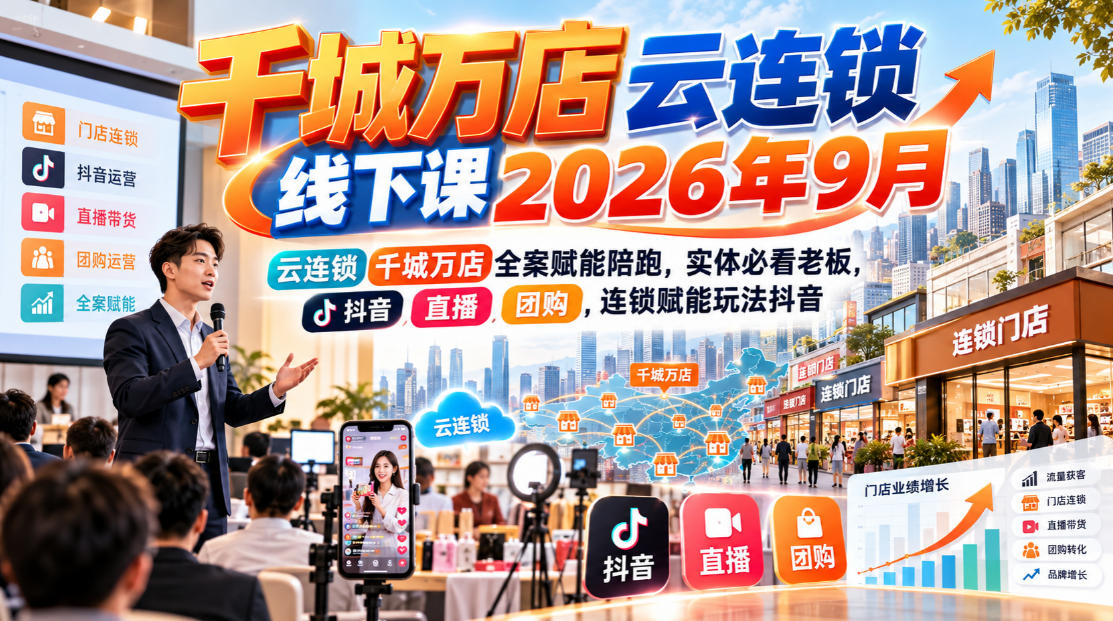 千城万店云连锁线下课2026年9月，云连锁千城万店全案赋能陪跑，实体必看老板，抖音，直播，团购，连锁赋能玩法抖音-91副业网