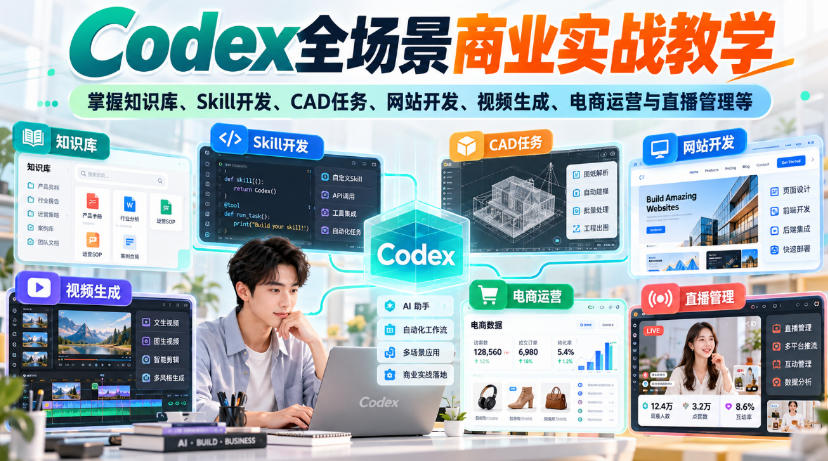 【无水印】Codex全场景商业实战教学，掌握知识库、Skill开发、CAD任务、网站开发、视频生成、电商运营与直播管理等-91副业网