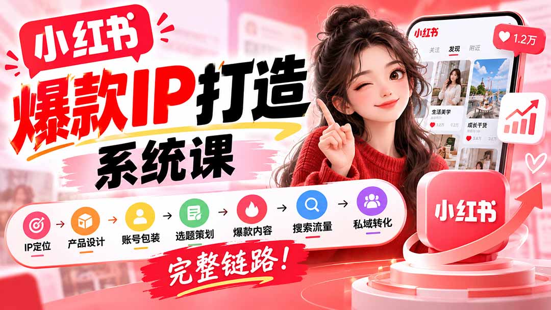 【无水印】小红书爆款IP打造课：IP定位→产品设计→账号包装→选题策划→爆款内容→搜索流量→私域转化，完整链路-91副业网