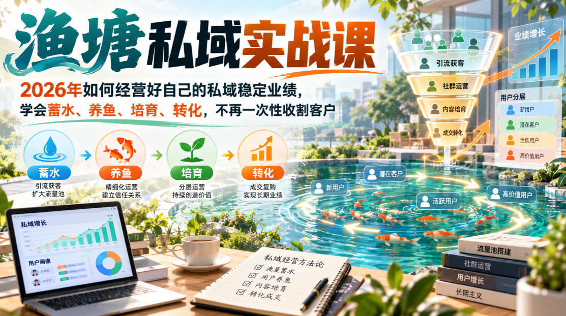 渔塘私域实战课，2026年如何经营好自己的私域稳定业绩，学会蓄水、养鱼、培育、转化，不再一次性收割客户-91副业网