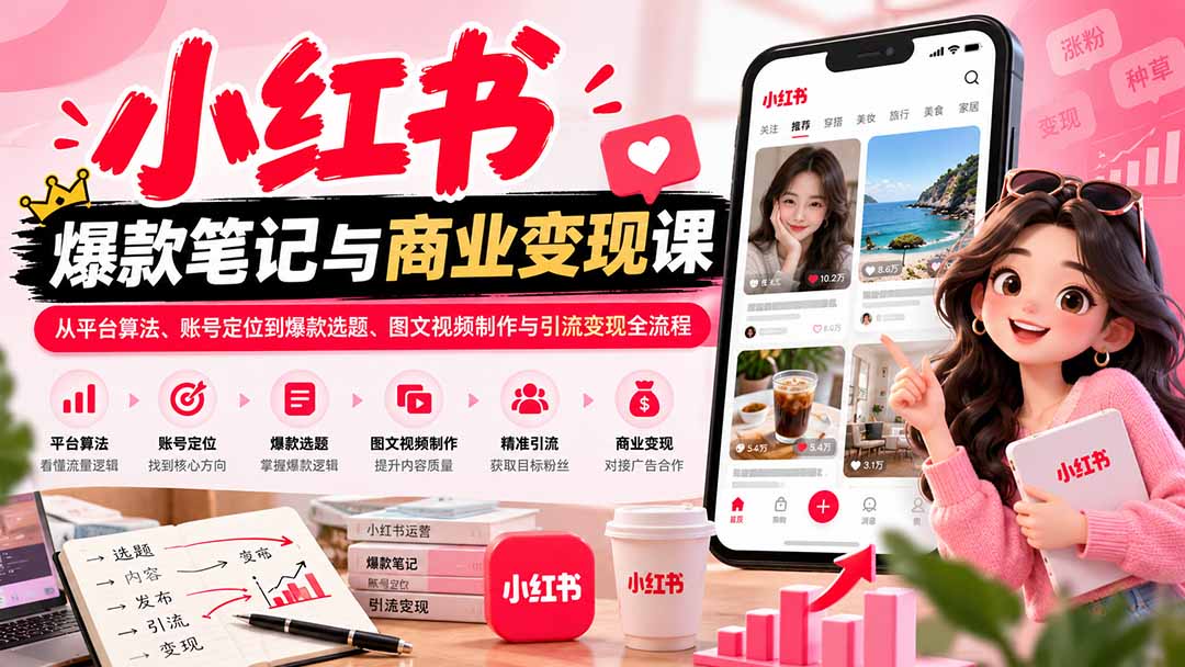 2026小红书爆款笔记与商业变现课：从平台算法、账号定位到爆款选题、图文视频制作与引流变现全流程-91副业网