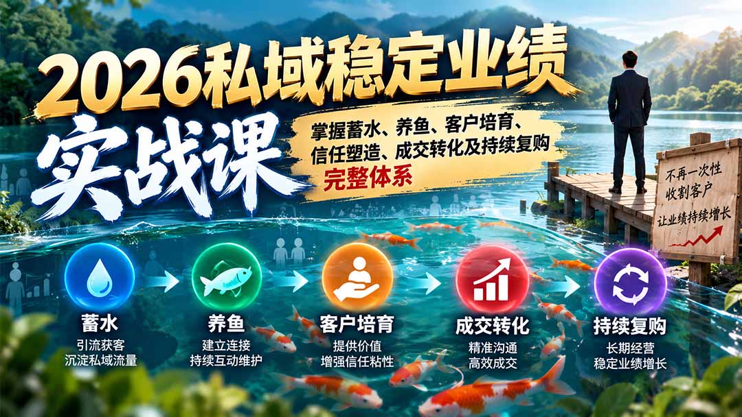 2026私域稳定业绩实战课：掌握蓄水、养鱼、客户培育、信任塑造、成交转化及持续复购完整体系-91副业网