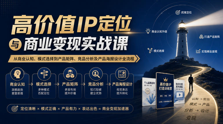 【无水印】高价值IP定位与商业变现实战课，从商业认知、模式选择到产品矩阵、竞品分析及产品海报设计全流程-91副业网
