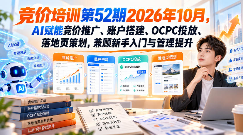 【无水印】竞价培训第52期2026年10月，AI赋能竞价推广、账户搭建、OCPC投放、落地页策划，兼顾新手入门与管理提升-91副业网