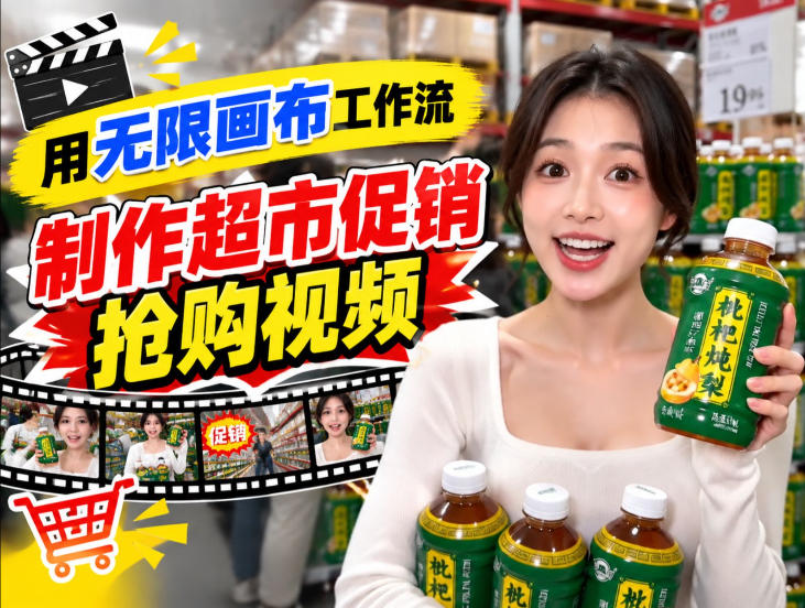 无限画布超市促销抢购视频工作流，一键产出TikTok抖音带货短视频-91副业网