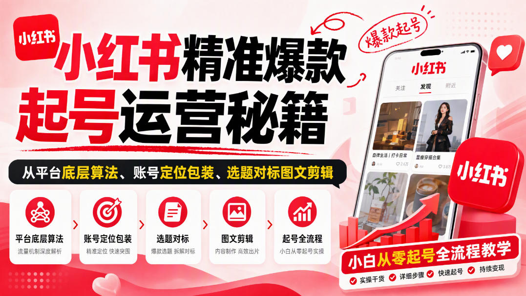 小红书精准爆款起号运营秘籍，从平台底层算法、账号定位包装、选题对标图文剪辑，小白从零起号全流程-91副业网