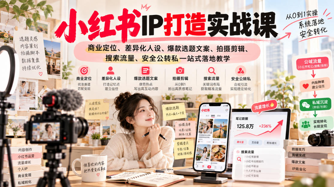 小红书ip打造实战课，商业定位、差异化人设、爆款选题文案、拍摄剪辑、搜索流量、安全公转私一站式落地教学-91副业网