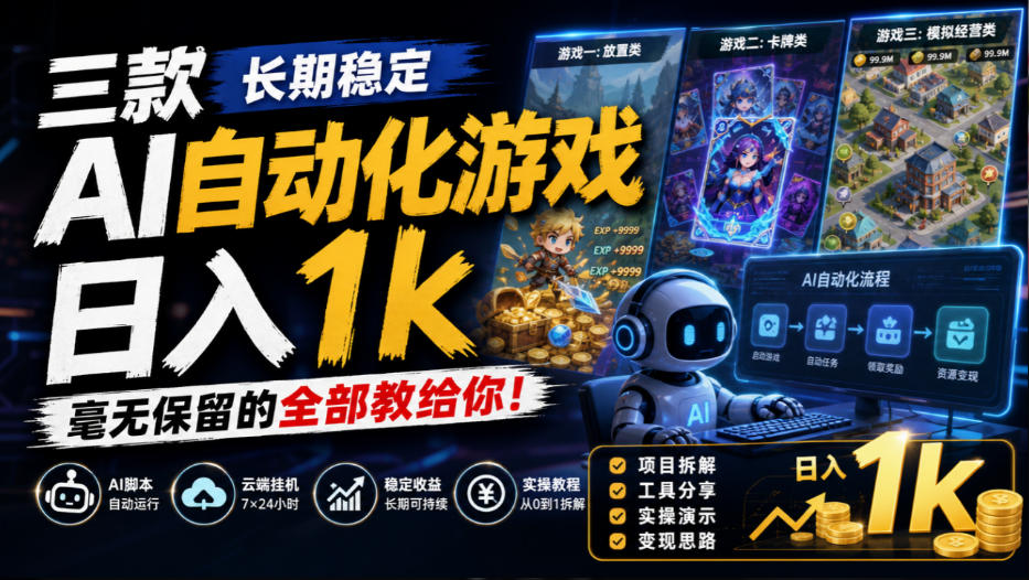 三款长期稳定AI自动化游戏，日入1k，毫无保留的全部教给你！【揭秘】-91副业网