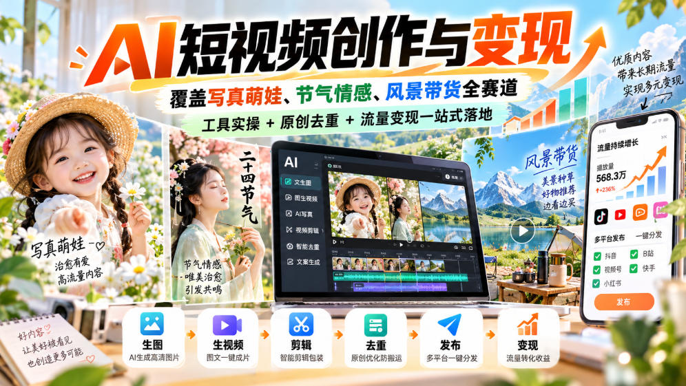 AI短视频创作与变现，覆盖写真萌娃、节气情感、风景带货全赛道，工具实操+原创去重+流量变现一站式落地-91副业网