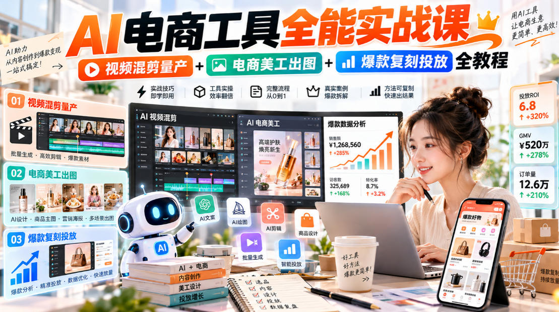AI电商工具全能实战教学，视频混剪量产+电商美工出图+爆款复刻投放全教程​-91副业网
