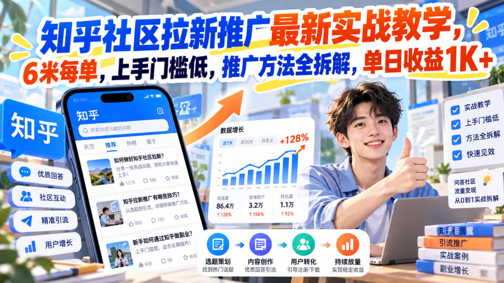 知乎社区拉新推广最新实战教学，6米每单，上手门槛低，推广方法全拆解，单日收益1K+！(更新0930)-91副业网