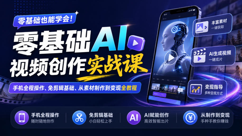 零基础AI视频创作实战课｜手机全程操作、免剪辑基础、从素材制作到变现全教程​-91副业网