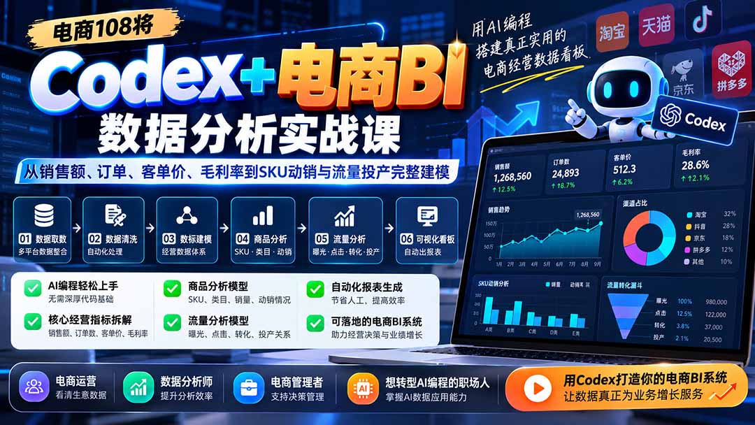 Codex+电商BI数据分析实战课-更新：从销售额、订单、客单价、毛利率到SKU动销与流量投产完整建模-91副业网
