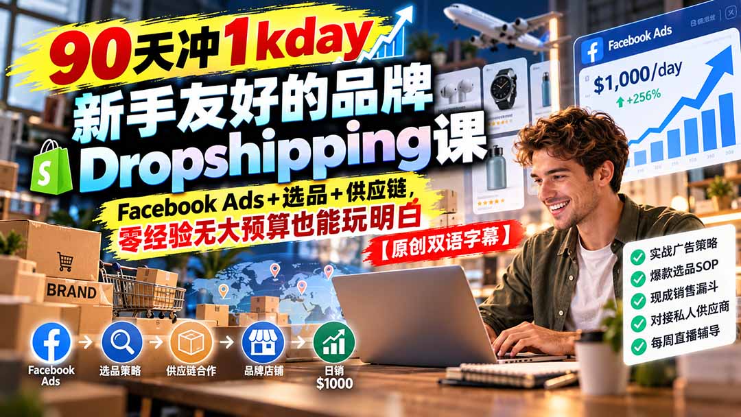 90天冲1kday 新手友好的品牌Dropshipping课:Facebook Ads+选品+供应链,零经验无大预算也能玩明白【原创双语字幕】-91副业网